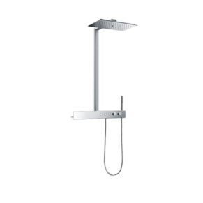 Modern ceiling-rain shower system with vertical rail, control panel, and handheld spray on a hose used in bathrooms