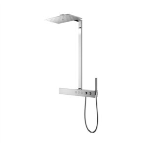 Chrome shower system with square rain shower head, vertical support, and wall-mounted control panel with handheld shower hose