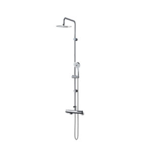 Chrome shower column with a ceiling-mounted rainfall head, handheld shower, and adjustable body jets