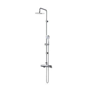 Vertical chrome shower rail system with overhead rainfall shower and adjustable handheld head with hose