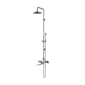 Chrome shower column with a ceiling rain head and a handheld sprayer on a sliding bracket.