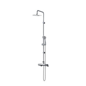 Chrome shower panel with overhead rainfall head and connected handheld shower on a vertical bar