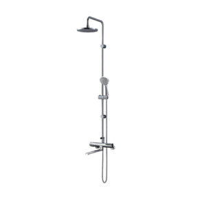 Chrome shower system with an overhead rainfall head and a handheld shower on a vertical rail, plus controls below.