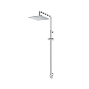 Chrome rain shower head on a tall adjustable shower column with wall brackets and controls
