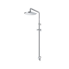 Chrome shower column with a large round overhead rainfall head and adjustable-height rail over a white background
