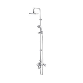 Chrome shower system with a rainfall overhead head and vertical slide bar, including a handheld shower and wall mixer unit.