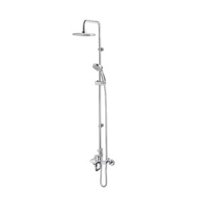 Chrome shower system with fixed rain showerhead and detachable handheld shower on a vertical bar for wall mounting.