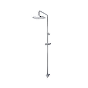 Chrome shower system with a round rainfall head mounted on an adjustable vertical bar and wall-mounted controls