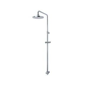 Chrome rain shower system on a tall vertical shower column with a curved arm and round overhead head, mounted on a white background
