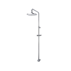 Chrome shower system with an overhead rainfall head on a vertical bar and an adjustable handheld spray mounted below