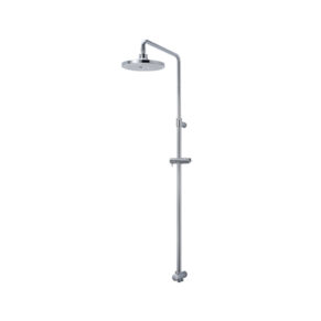 Chrome shower column with a large round rainfall head and adjustable bracket on a vertical bar for a handheld shower spot (bathroom fixture). (Informative)