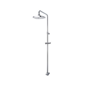 Chrome shower column with a round rainfall head mounted to a vertical bar