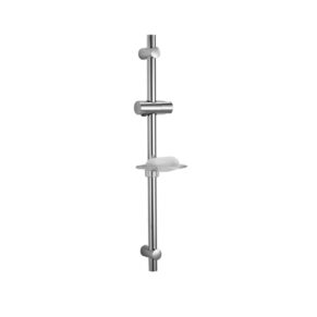 Chrome shower slide bar with a soap dish attached, featuring an adjustable soap holder and mounting brackets on a vertical chrome rod