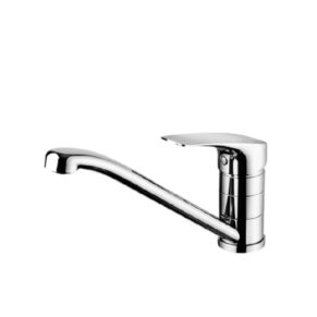 Chrome single-handle kitchen faucet with a curved spout and lever on the side.