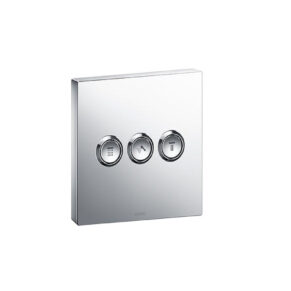 Chrome double- or triple-button wall plate with three round push buttons (modern light switch).