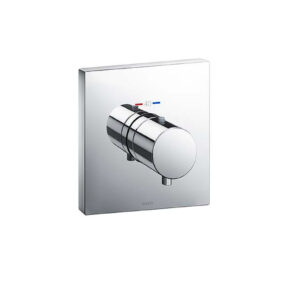 Chrome wall-mounted shower mixer plate with a round, polished control knob and red/blue temperature indicators (thermostatic valve)