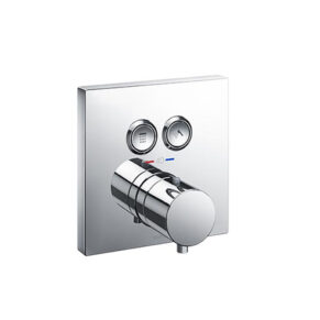 Chrome wall-mounted shower mixer with two small dials and a large round handle on a square plate, showing red and blue temperature indicators