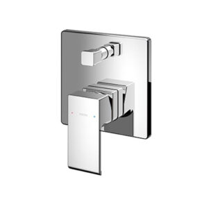 Chrome wall-mounted bath/shower faucet with a vertical rectangular lever and a square control on a reflective plate, featuring red and blue indicators