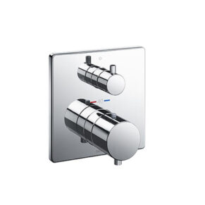 Chrome wall-mounted shower mixer with two cylindrical knobs and a temperature indicator on a square plate.