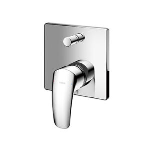 Chrome wall-mounted shower valve with square plate and a single lever handle for temperature/control (TOTO)