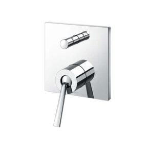 Chrome square shower valve plate with a vertical lever and a cylindrical control knob on a reflective wall plate