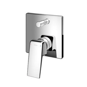 Chrome wall-mounted single-handle shower faucet on a square plate with red and blue indicator dots (TOTO)