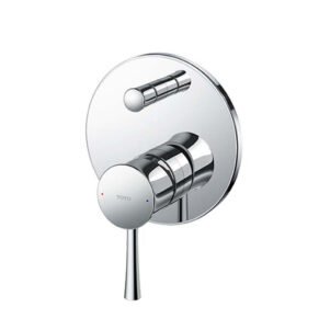 Chrome wall-mounted shower mixer with round backplate and single lever control, featuring red and blue indicator lights