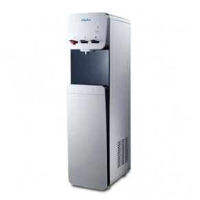 Tall freestanding water cooler dispenser with two taps on the top and a bottom storage compartment in a silver finish.