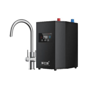 Black water purification unit with a digital display and red/blue knobs, paired with a curved chrome faucet.