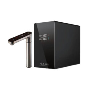 Black Aquas water purifier system with a tall chrome faucet beside a black box unit.