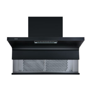 Sakura wall-mounted chimney range hood in black with stainless steel lower vent panels
