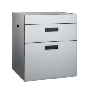 Metal filing cabinet with three drawers: two large bottom drawers and a shallow top drawer, white fronts with black handles against a plain background.