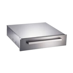Stainless steel pull-out drawer with a horizontal bar handle, shown at an angled front view.