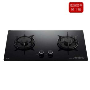 Black glass 2-burner gas cooktop with two central control knobs; red energy‑efficiency badge in the top-right corner.