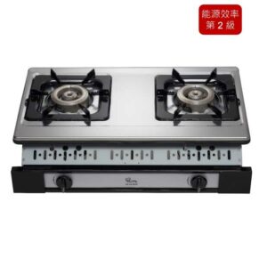 Two-burner stainless steel gas stove with front control knobs and an energy‑efficiency label in the top-right corner.