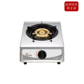 Portable single-burner gas stove with a metal body, black front knob, and JTL logo; red energy‑efficiency level 2 label in the top-right corner.