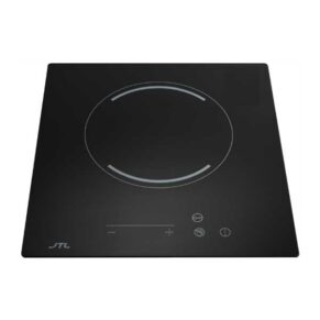 Black square induction cooktop with a single circular heating zone and touch controls near the bottom edge.