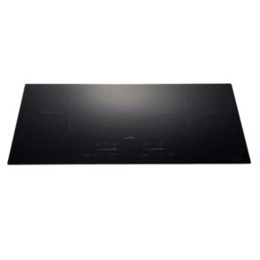 Black glass induction cooktop with touch controls and two cooking zones, viewed from above