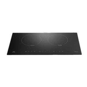Black induction cooktop with two circular heating zones and touch controls on a smooth glass surface.