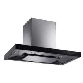 Black glass-front wall-mounted kitchen range hood with stainless steel chimney and built-in vent/light controls on the front panel