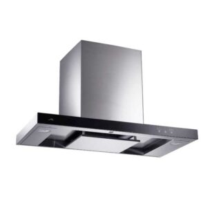 Stainless steel wall-mounted range hood with a wide flat canopy and tall chimney for kitchen ventilation.