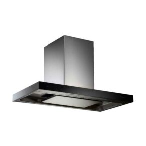 Stainless steel chimney-style kitchen range hood with a black front panel and built-in lights.