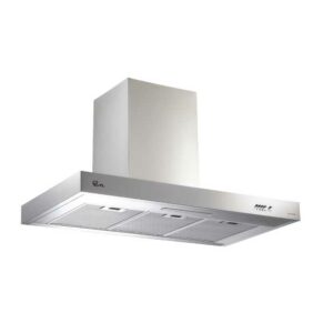 Stainless steel wall-mounted range hood with a chimney and dual filtration panels under the hood.