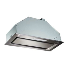 Stainless steel chimney-style range hood with integrated lighting for a kitchen exhaust system