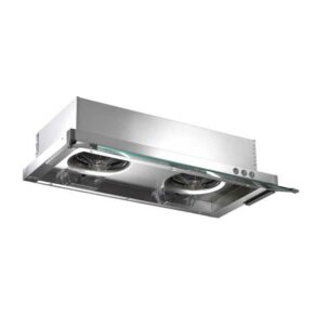 Ceiling-mounted stainless steel kitchen exhaust hood with two large circular exhaust fans, viewed from below.