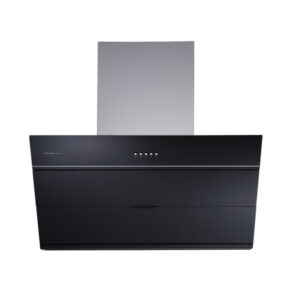 Black wall-mounted kitchen range hood with a stainless steel chimney and centered control panel for ventilation on cooking surfaces.