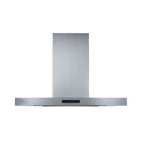 Stainless steel wall-mounted kitchen range hood with a centered black control panel and a tall chimney duct extending upward.