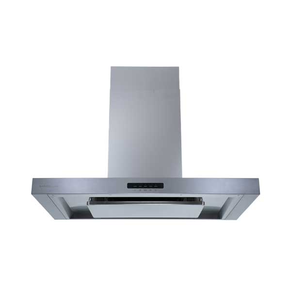 Stainless steel wall-mounted range hood with chimney, front view, with control panel in the center.