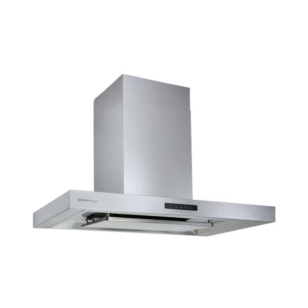 Stainless steel wall-mounted range hood with a tall chimney and underside vent for kitchen cooking exhaust