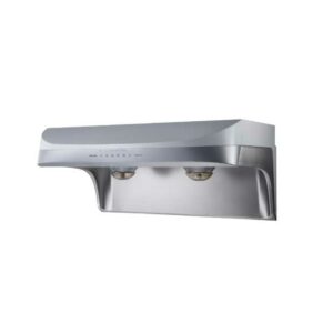 Stainless steel wall-mounted kitchen range hood with a curved canopy and two built-in lights